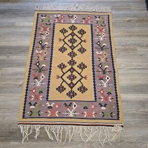 Vintage Handwoven Kilim Rug Very Colorful Metal Tag Tree Of Life Style